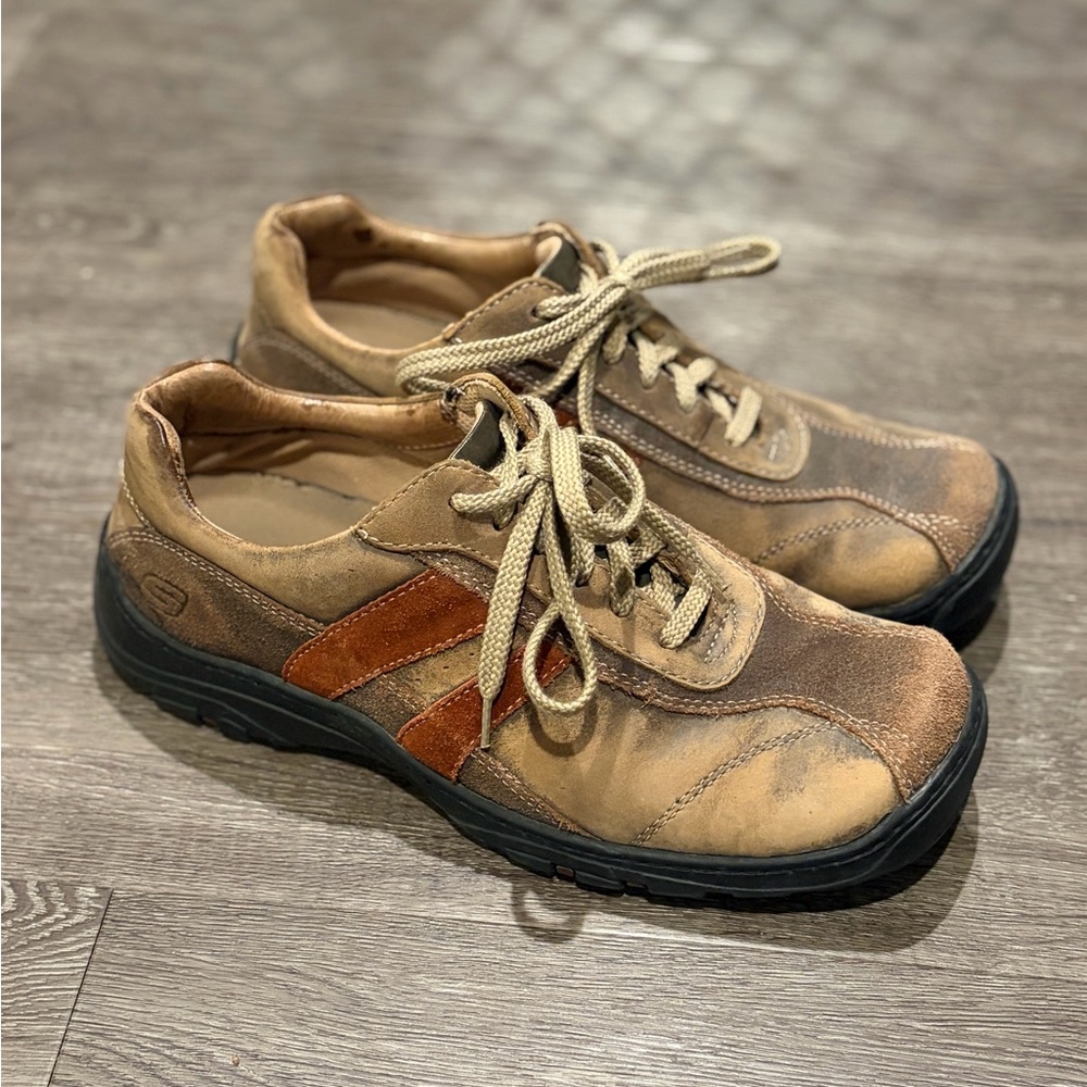 Skechers Tan and Brown Suede Leather Lace-Up Sneakers